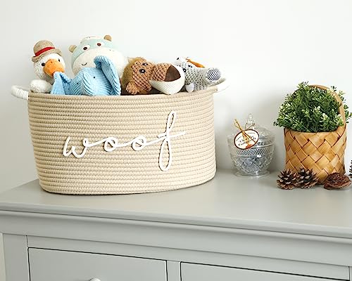 Woof Woven Rope Storage Baskets, Pet Dog Toy Bin Box Perfect for organizing Chew Toys Blankets leashes, Dog Toy holder Cotton Basket Puppy Bins - color: beige