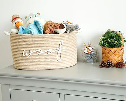 Woof Woven Rope Storage Baskets, Pet Dog Toy Bin Box Perfect for organizing Chew Toys Blankets leashes, Dog Toy holder Cotton Basket Puppy Bins - color: beige