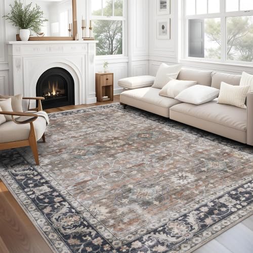 Machine Washable Area Rug - Living Room Bedroom Bathroom Kitchen Entryway Office - Padded Low Pile Stain Resistant Premium - Boho Farmhouse Vintage - BEV - Beige Tan Brown 5' x 7' - color: Bev - Beige Tan Brown, size: 5' x 7' (Rectangular)