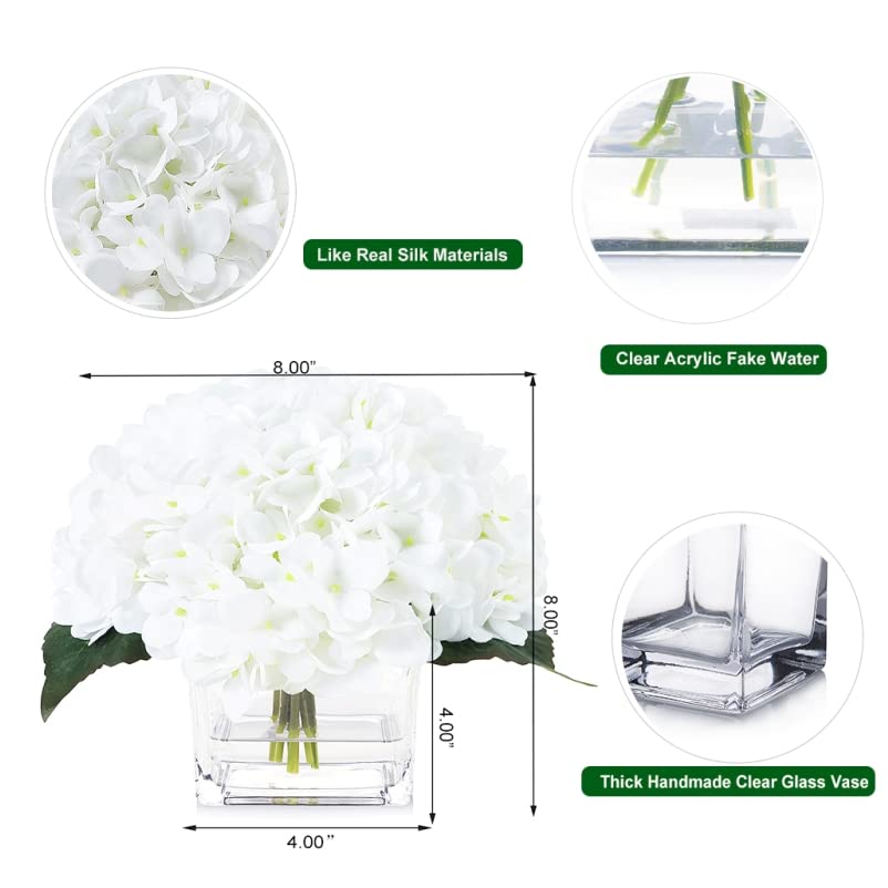 Silk Hydrangea Artificial Flowers in Vase with Faux Water, Silk Flower Arrangements in Vase for Wedding, Dining Table, Living Room (White) - color: White