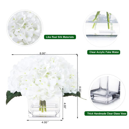 Silk Hydrangea Artificial Flowers in Vase with Faux Water, Silk Flower Arrangements in Vase for Wedding, Dining Table, Living Room (White) - color: White