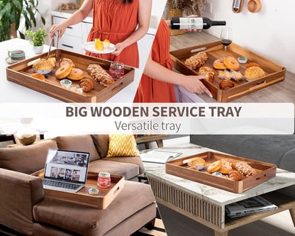 Large Wooden Serving Tray with Handles, Versatile Wood Butler Tray for Breakfast, Coffee Table, and Ottoman - color: 22"x18" Serving Tray - Acacia