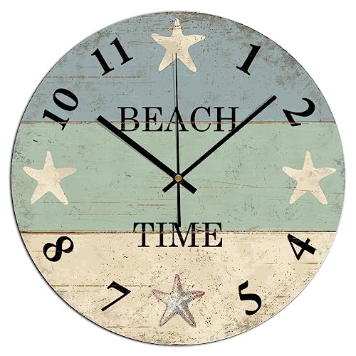 Beach Starfish Wall Clock Vintage Beach Time PVC Clocks 12x12 Inch Living Room Battery Operated Quartz Analog Quiet Clock for Kitchen Kids Room Office - color: Style-1, size: 12x12in（black）