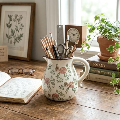 Retro Rustic Ceramic Utensil Holder 6.1" Modern Farmhouse Utensil Crock with Handle Kitchen Organizer for Countertop Home Decoration Housewarming Gift (Red Rose) - style: Red Rose