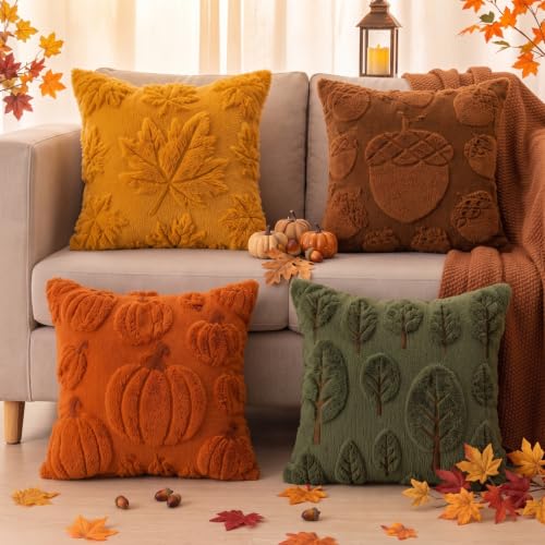 Tiamon 4 Pcs Fall Throw Pillow Covers 18 x 18 Inch Autumn Pillow Cases 3D Embroidered Pumpkin Leaf Plush Fluffy Faux Fur Cushion Covers for Thanksgiving Harvest Decoration Farmhouse Home Sofa Couch - style: Fall B