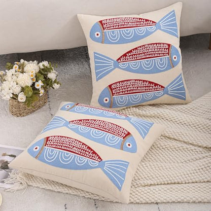 LUOYEHK Summer Embroidered Throw Pillow Covers 18x18 Inch Pack of 2 Coastal Canvas Beach Cushion Covers for Couch Sofa Bed Living Room (Red Fish) - color: A Pair of Seahorses