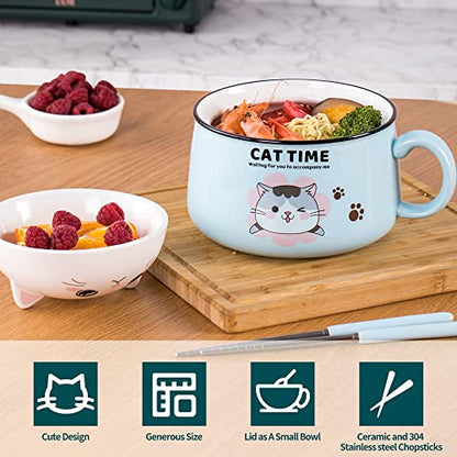 Ramen Bowl Set with Chopsticks, Cute Cat Instant Ramen Noodle Bowls with Lid, 34.5 OZ Extra Large Ceramic Soup Bowls with Handle, Japanese Ramen Cooker, Microwave safe (Blue) - color: Blue