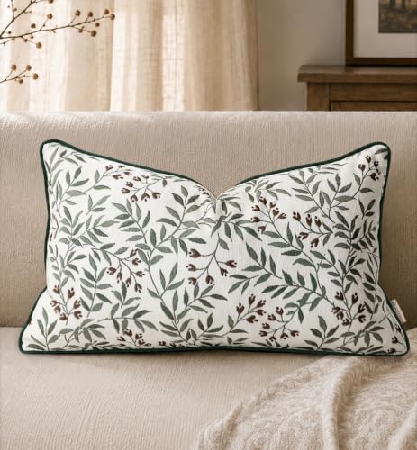 Chenille Throw Pillow Cover, 20x12 Inch, Green Floral | Jacquard, Hidden Zipper, Soft Cushion Case, Vintage Farmhouse Home Decor for Couch, Sofa, Bench, Bedroom and Living Room - color: Green Floral, size: 20" x 12" (Pack of 1)