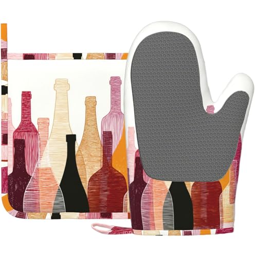 Red Wine Bottle Oven Mitts and Pot Holders Sets Non-Slip Silicone Surface for BBQ Gloves,Kitchen,Cooking,Baking,Grilling - color: Red Wine Bottle