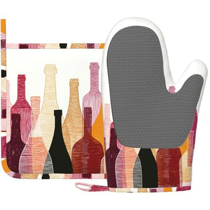 Red Wine Bottle Oven Mitts and Pot Holders Sets Non-Slip Silicone Surface for BBQ Gloves,Kitchen,Cooking,Baking,Grilling - color: Red Wine Bottle