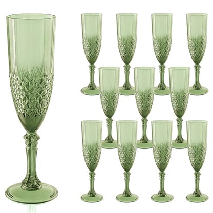12 Pack Plastic Champagne Flutes, Green Reusable Champagne Glass | Unbreakable Hard Plastic Mimosa Cups Bulk with Stem, Fancy Stemware for Wedding, Party & NYE Celebration - color: Sage Green