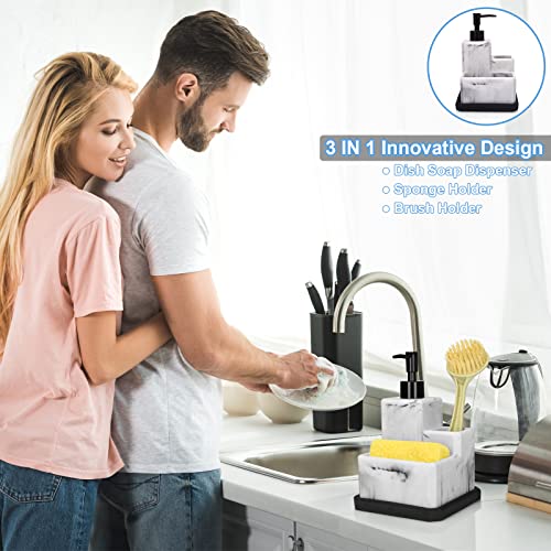 Soap Dispenser with Sponge Holder and Brush Holder,White Marble 3 in 1 Liquid Hand Dish Soap Dispenser and Sponge Holder Sink Caddy Organizer for Kitchen Bathroom,Removable Bottom Tray