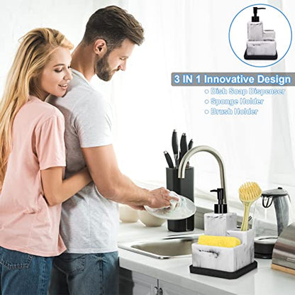 Soap Dispenser with Sponge Holder and Brush Holder,White Marble 3 in 1 Liquid Hand Dish Soap Dispenser and Sponge Holder Sink Caddy Organizer for Kitchen Bathroom,Removable Bottom Tray