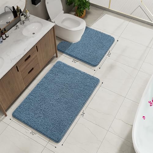 Bathroom Rug Sets 2 Piece, 20"x20" U-Shaped & 21"×34", Denim Blue | Toilet Mat Non Slip Bath Mats Floor Set, Washable Bath Rug Set, Absorbent Soft Bathroom Rug - color: Denim Blue