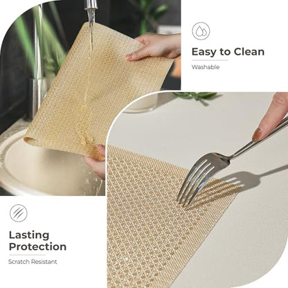 Leetaltree Woven Vinyl Placemats Set of 12, Gold Sequin | Waterproof & Washable Dining Table Mats for Wedding, Anniversary, Daily Use, Hand-Cut, Easy to Clean - color: 00- Gold Sequin, size: Set of 12