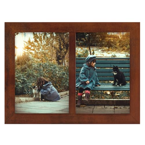 Golden State Art, 4x6 Double Picture Frame, Displays Two 4x6 Photos (Brown) | Solid Wood - Real Glass For Tabletop Or Wall Mounting (Brown, 1 Pack) - color: Brown, size: 2 Openings 4x6