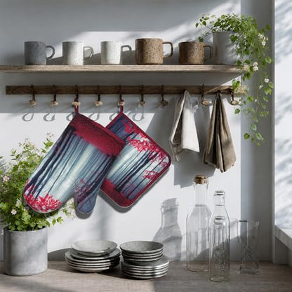 Misty Forest Oven Mitt and Pot Holder with Silicone Woodland Mountain Heat Resistant Kitchen for Cooking BBQ Baking Grilling Cooking Protection - color: Misty Forest