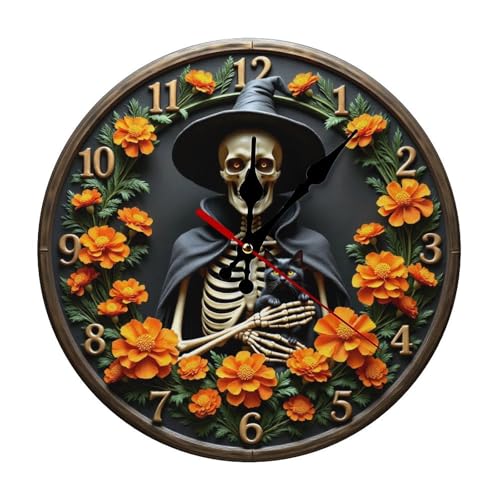 Wall Clock, Gothic Halloween Skeleton Non Ticking Wall Clocks Battery Operated, Black Wooden Wall Clocks for Living Room, Bedroom, Office Decorative 10 Inch - color: Style-6