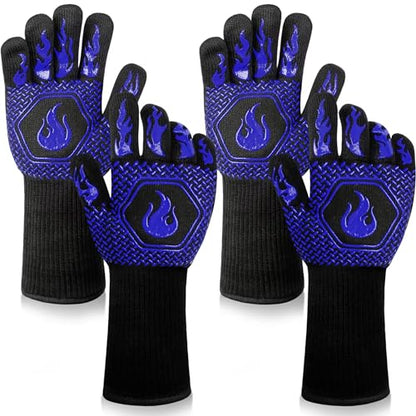 BBQ Gloves 1472F Heat Resistant Non-Slip Silicone 2 Pairs (Blue) | Grill Cut-Resistant, Oven Kitchen Safe for Barbecue, Cooking, Frying - color: Blue-2 Pairs