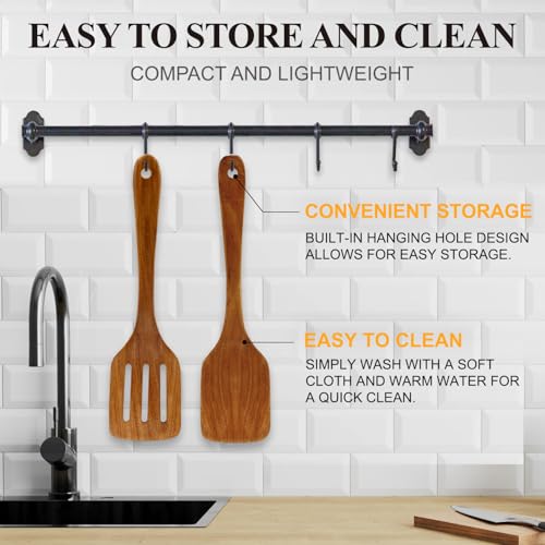 2Pcs Non Toxic Acacia Wood Spatula for Cooking Utensils Set Flipping Turner | Flat Wooden Spatulas for flipping Frying Kitchen Spurtle Organic Olive Teak Wood Utensils Non Stick Bamboo Slotted Spatula - color: 2 PCS SPATULAS