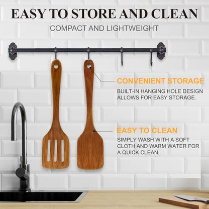 2Pcs Non Toxic Acacia Wood Spatula for Cooking Utensils Set Flipping Turner | Flat Wooden Spatulas for flipping Frying Kitchen Spurtle Organic Olive Teak Wood Utensils Non Stick Bamboo Slotted Spatula - color: 2 PCS SPATULAS