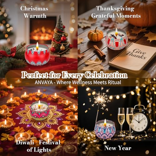 Anvaya Living Scented Candle Gift Set Features 4 Luxurious fragrances – Sandalwood, Rose, Lavender, and Oud. The Perfect Candle Gift for Christmas, Birthdays, Weddings, housewarmings and spa.