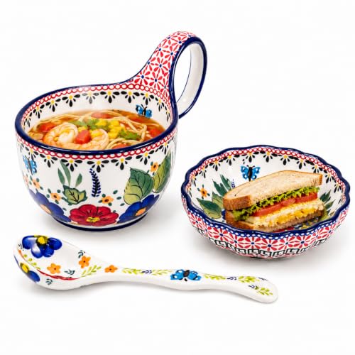 3 Piece Hand Painted Loop Handle Soup Bowl, Plate and Spoon Set,13.37oz Ceramic Cereal Cup for Coffee,Floral Bowl Set for Soup Snack Ice Cream Stew Microwave Dishwasher Safe - color: Vibrant Floral Red