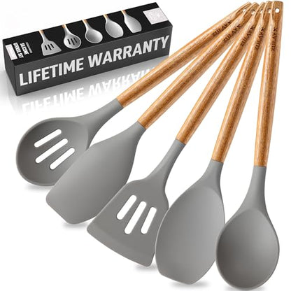 Zulay Kitchen 5 Piece Silicone Utensil Set | Non-Stick Silicone Cooking Utensils Set with Acacia Wood Handles - 464°F Heat Resistance Kitchen Utensils Set - Gray - color: Elegant Grey, size: 5-Piece Set