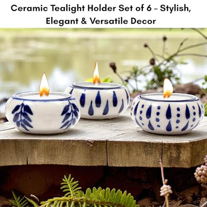 Ceramic Tealight Holder Set of 6 - Hand-Painted Candle Holders with Wax Tealights - Decorative Votive for Home, Party, Wedding, Festive & Gift Décor (White Blue) - ALPHA Living HOME