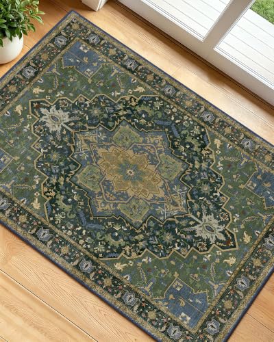 OLANLY 2x3 Washable Small Rug Non Slip Indoor Door Mat for Entryway Bedside | Dark Green Boho Vintage Floral Medallion Farmhouse Accent Rug, Spill & Stain Resistant Low Pile, for Kitchen Laundry Office - color: Dark Green, size: 2' x 3' (Rectangular)