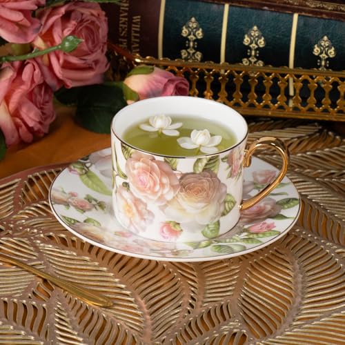 KAMMAK Tea Cups and Saucers Set of 2, Porcelain Coffee Cups, JBE027 | Stackable Espresso Mugs, Ceramic Demitasse for Coffee, Cappuccino, Latte, Americano, Tea - size: 8CZJBE027