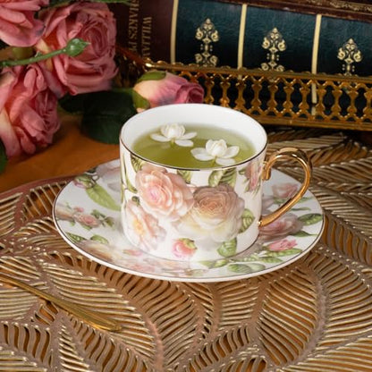 KAMMAK Tea Cups and Saucers Set of 2, Porcelain Coffee Cups, JBE027 | Stackable Espresso Mugs, Ceramic Demitasse for Coffee, Cappuccino, Latte, Americano, Tea - size: 8CZJBE027
