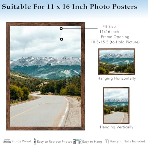11x16 Picture Frame Deep Brown for Wall Hanging, Wood 11 x 16 Frame Photo Frame for Wall Horizontally or Vertically, Deep Brown, 3 Pack - size: 11x16 inch