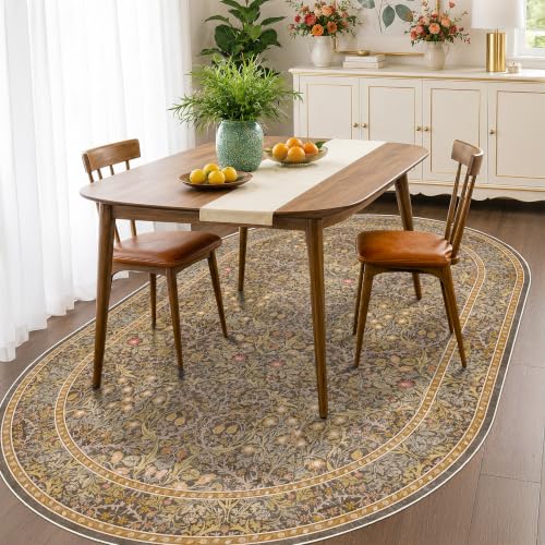 Vintage Oval 5x8 Area Rug, Brown Washable Floral Carpet for Dining Room Under Kitchen Table, Bedroom Beside Bed, Office - Oriental Low Pile Non Slip & Stain Resistant - color: Gold Brown, size: 5' x 8' (Oval)