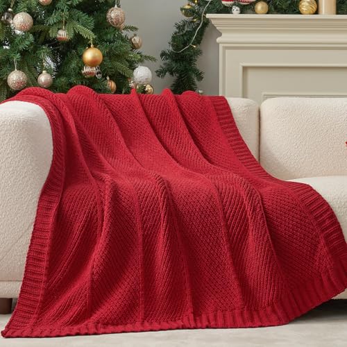 Knit Throw Blanket, Soft Chenille Cozy Breathable Chevron Chunky Decorative Blanket for Couch, Bed & Sofa, French-Inspired Lightweight Warm Gift for Women, Christmas Red, 50"x60" - color: Christmas Red, size: Chervon Knit 50"x60"