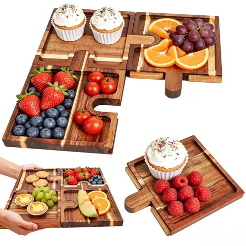 Wooden Charcuterie Boards Set of 4, Puzzle Serving Trays with Stand | Made from acacia wood,4-piece interlocking design,portable,18 inch ideal for charcuterie,snacks,appetizers,party & gatherings - size: 11.8" x 9" x 1"