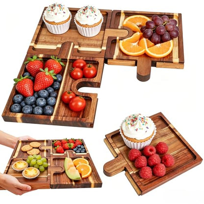 Wooden Charcuterie Boards Set of 4, Puzzle Serving Trays with Stand | Made from acacia wood,4-piece interlocking design,portable,18 inch ideal for charcuterie,snacks,appetizers,party & gatherings - size: 11.8" x 9" x 1"