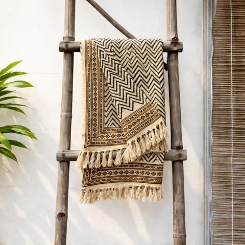 Trade Star Designer Cozy Cotton Throw Blanket 100% Cotton Throw Blanket with Tassels for Room Decor with Beautiful Syahi-Begar Block Printing (50x70 INCHES) - color: Throw Blanket 6
