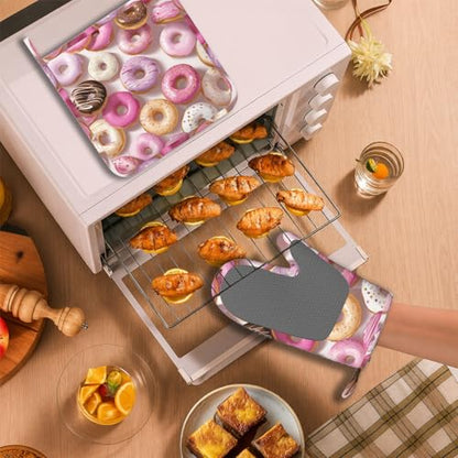 Groovy Donuts Oven Mitts and Pot Holders Sets Silicone Kitchen Mitts Potholders Heat Resistant Oven Gloves Hot Pads for Kitchen Baking Cooking - color: Groovy Donuts