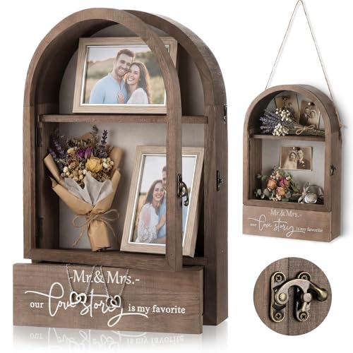 16 Inch Huge Wooden Shadow Box Frame with Acrylic Panel, Shelves, Hangable Brown Deep Shadow Boxes Memory Display Cases with Lanyard and Metal Hook for Wedding Keepsakes, Photos(Large) - style: Large