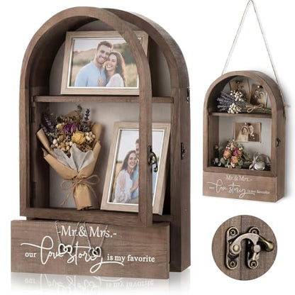 16 Inch Huge Wooden Shadow Box Frame with Acrylic Panel, Shelves, Hangable Brown Deep Shadow Boxes Memory Display Cases with Lanyard and Metal Hook for Wedding Keepsakes, Photos(Large) - style: Large