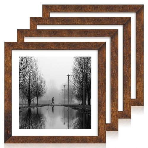 iRahmen 12x12 Picture Frame Set of 4 with Tempered Glass, Rustic Frame Display 10x10 Pictures with Mat or 12 x 12 Without Mat, Wood Square Photo Frames for Desktop Display and Wall Mounting - color: Dark Brown, size: 12X12