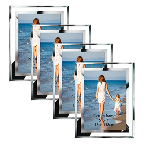 Hoikwo Bulk 5x7 Picture Frames, 4 Packs Silver Photo Frames 5 by 7, Glass Wedding Frames 5x7, Clear Mirror Wedding Photo Frames, Only for Tabletop Display Vertically or Horizontally - size: 5x7-4 Frames