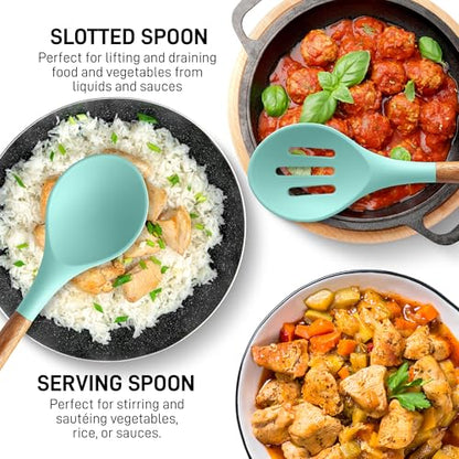 Zulay Kitchen 5 Piece Silicone Utensil Set | Non-Stick Silicone Cooking Utensils Set with Acacia Wood Handles - 464°F Heat Resistance Kitchen Utensils Set - Aqua - color: Sky Aqua, size: 5-Piece Set