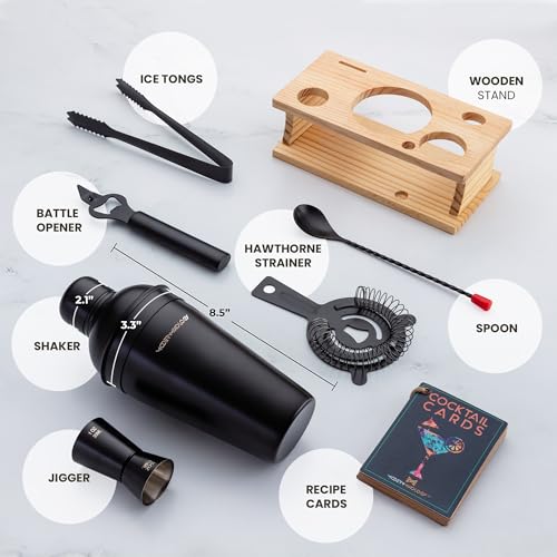 Cocktail Shaker Set - 8 Piece Bartender Kit on Quality Pine Stand | Complete Cocktail Kit Gift Set | Top Bartender Gifts for Men | Leak Proof Design (Black) - color: Black / Light Stand, size: 8 Pieces