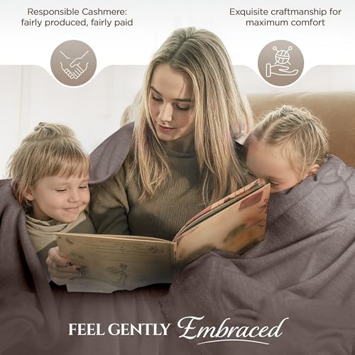Cashmere Blanket – Hand Woven 100% Pure Wool Throw Blanket, 135 x 270 cm – Fine Herringbone Pattern Cozy, and Soft Blanket for Bed, Sofa, or Couch - Made in Nepal - color: Grey Brown