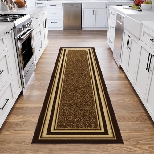 Ottomanson 3x10 Hallway Runner Rug – Non-Slip Kitchen Rugs - color: Border Brown, size: 2'7" x 9'6" (Runner)