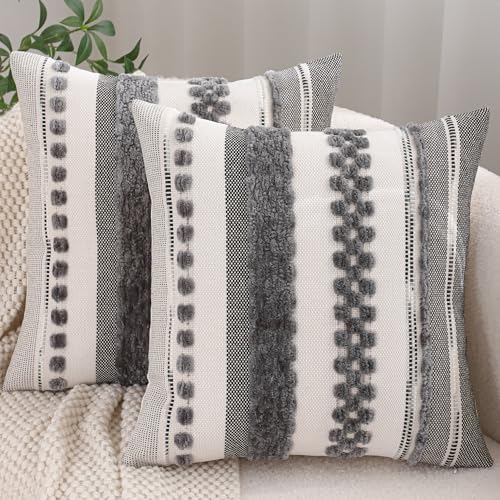 Grey Throw Pillow Covers 18x18 Set of 2 Boho Stripe Pillow Covers Tufted Decorative Pillow Case Accent Pillowcase Farmhouse Cushion Case Nuetral Textured Pillow Cover Spring Home Decor | Durable Fabric,Stripe Pillow Covers,Farmhouse Cushion Case,Chenille