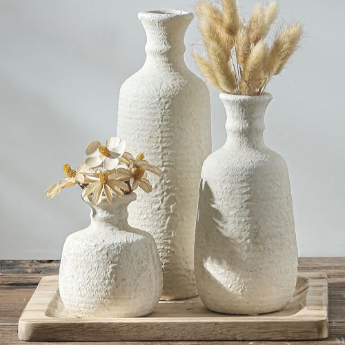 Ceramic Vase Set of 3, Neutral Rustic Vases Home Decor Farmhouse Decorative Vase Whitewashed Pottery Decor Boho Modern for Table Mantel Entryway Bookshelf Living Room Kitchen Bathroom Bedroom - White - color: 011 - White