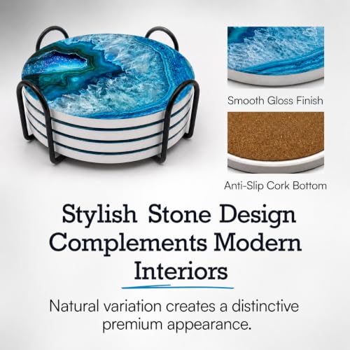 Luxury Stone Pattern Ceramic Coasters Set with Metal Holder (4, Blue) - color: Blue Agate, size: 4 Pack